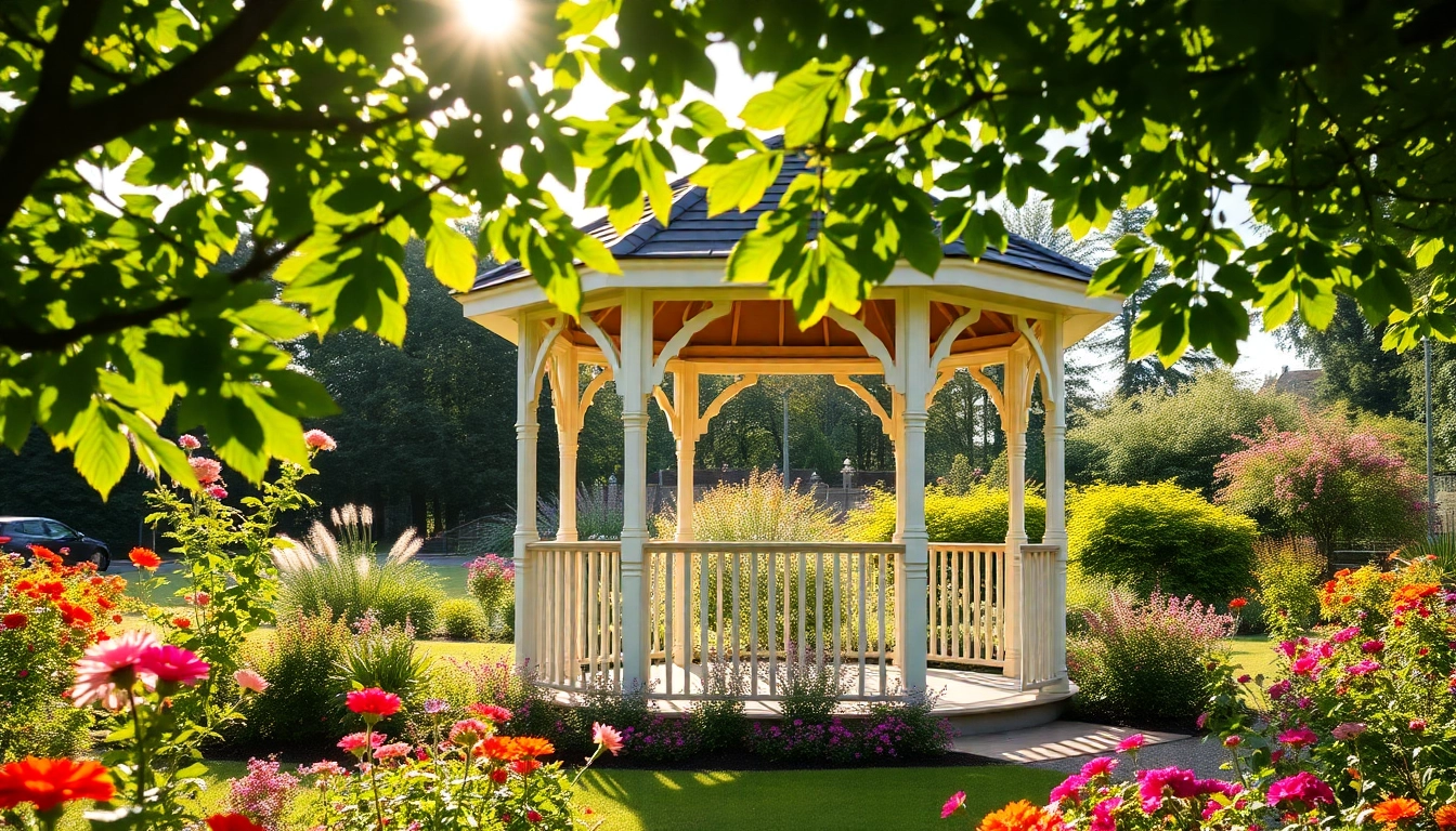 Gaze upon a beautifully designed gazebo in Ireland surrounded by lush greenery and sunlight.