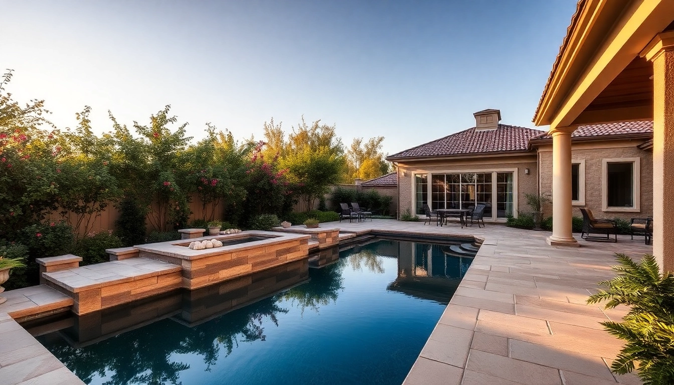 Beautiful hardscapes & pools create a serene backyard retreat with textured stones and lush greenery.