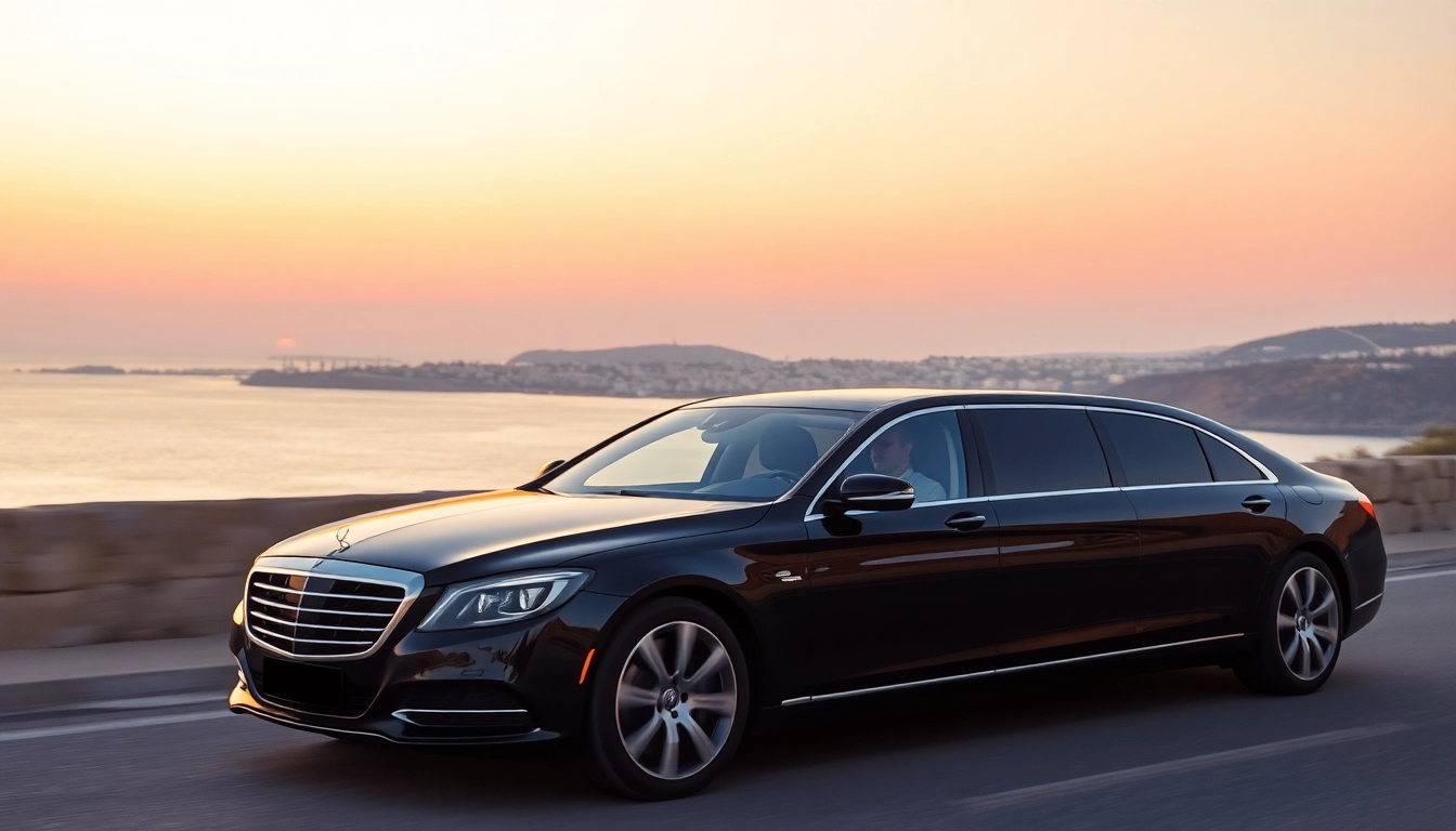 Experience luxury hire chauffeur Malta in a stylish limousine against a breathtaking coastal sunset.