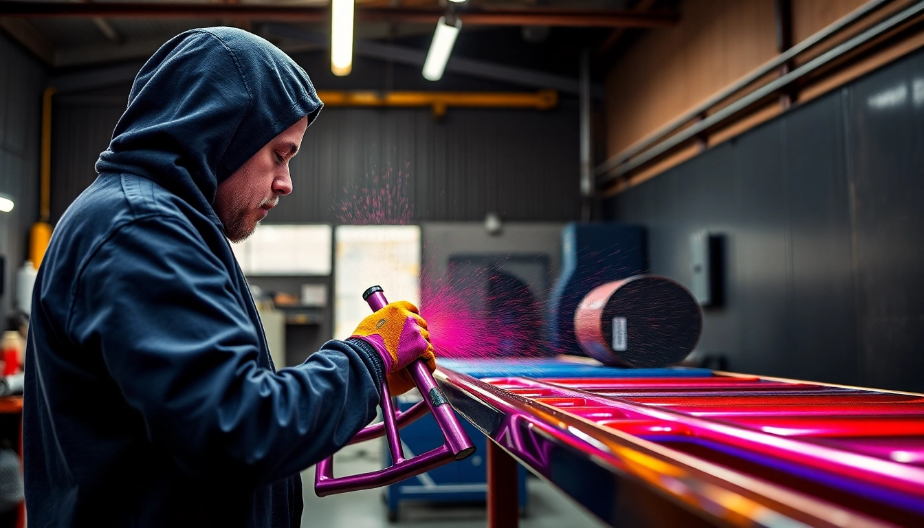 Worker applying redditch powder coating to a bike frame in a vibrant workshop.