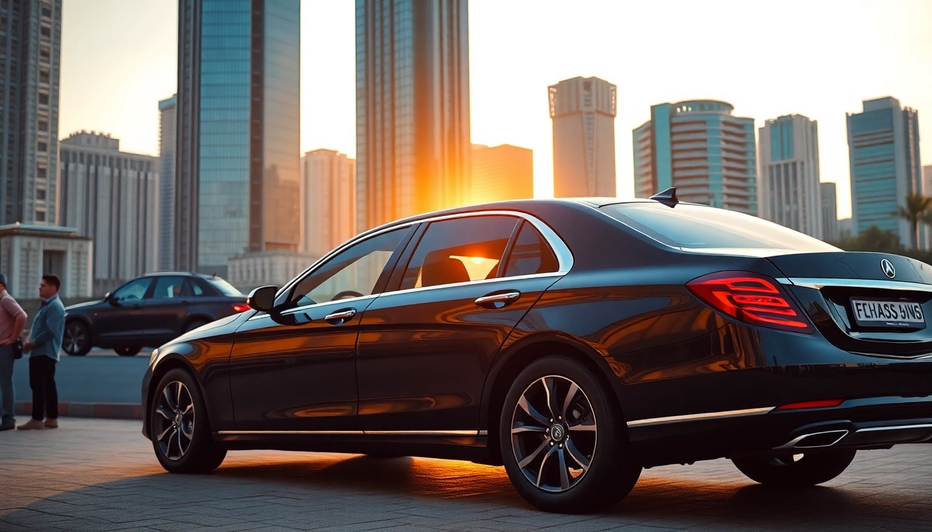 Experience professional chauffeur hire Manila with a luxurious black sedan set in a vibrant urban landscape.