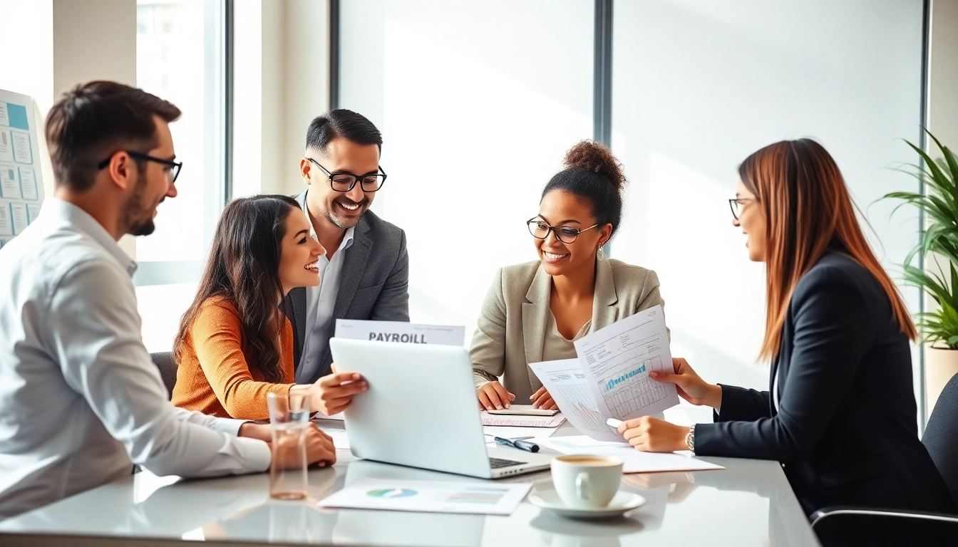 Engaged professionals discussing payroll solutions at a modern office setting with collaborative tools.