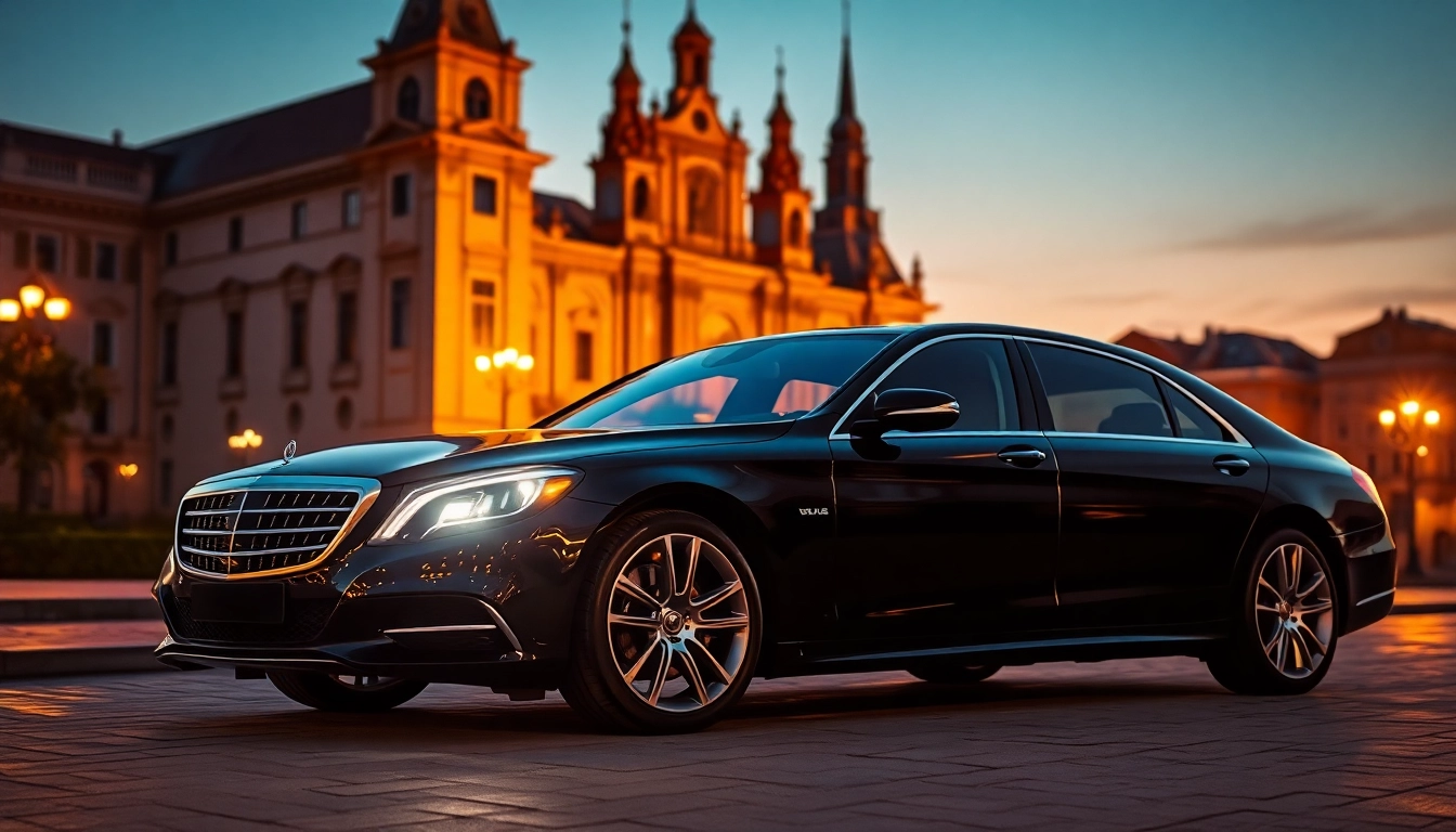 Experience luxury private car service Krakow with a premium sedan in front of a stunning landmark.