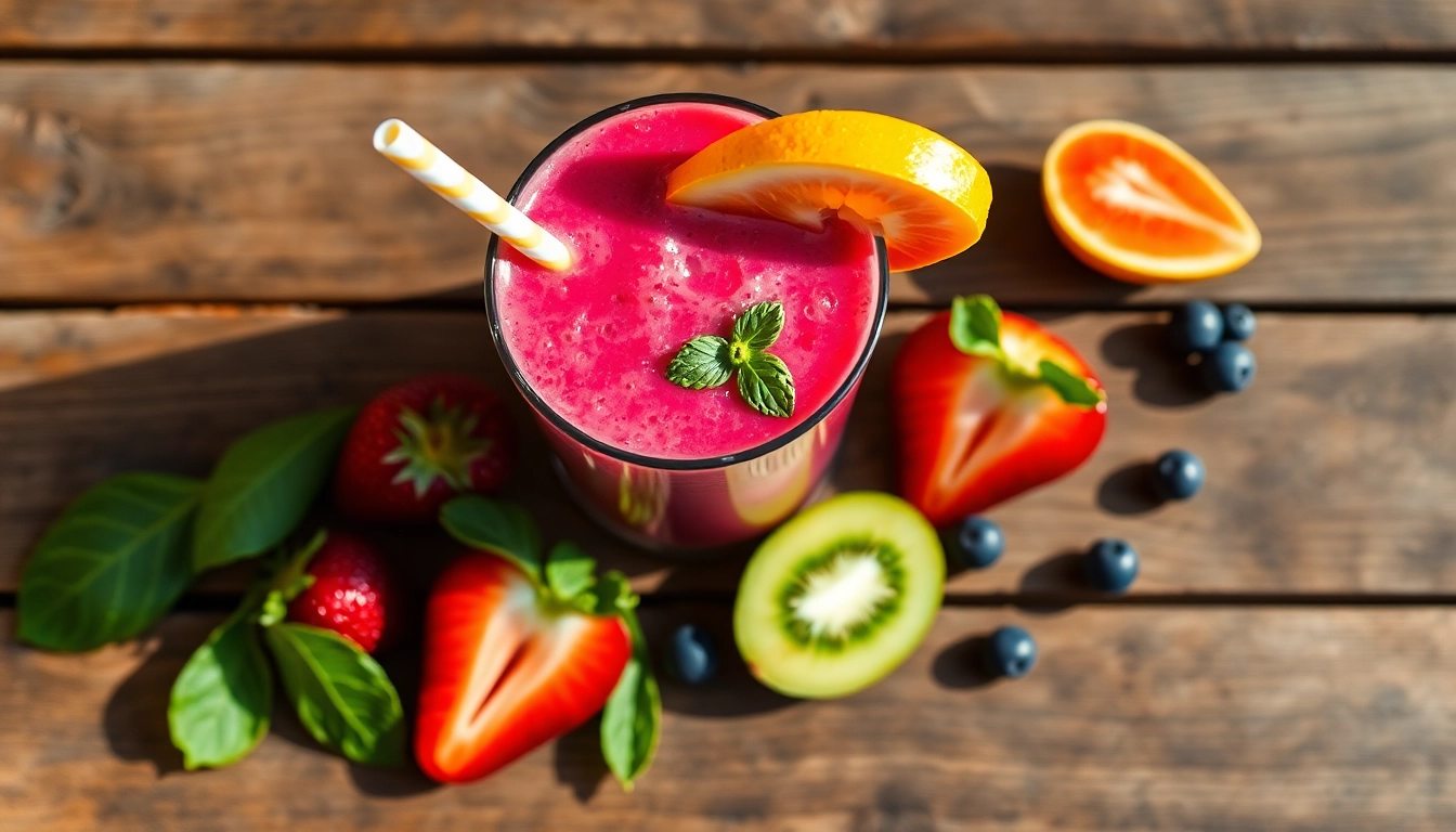 Refuel after your workout with a colorful postworkout smoothie featuring fresh fruits.