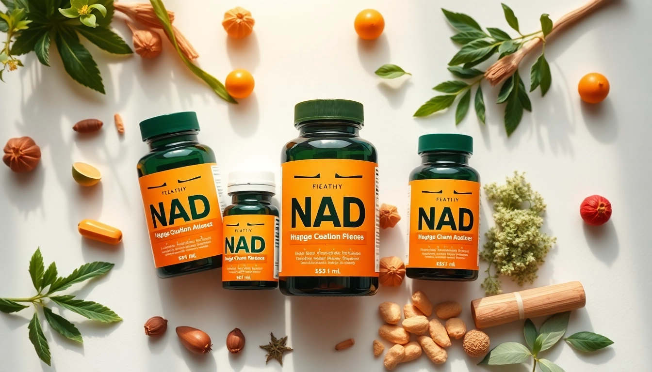 Boost your energy and wellness with NAD supplement bottles arranged amidst fresh herbs and vitamins.