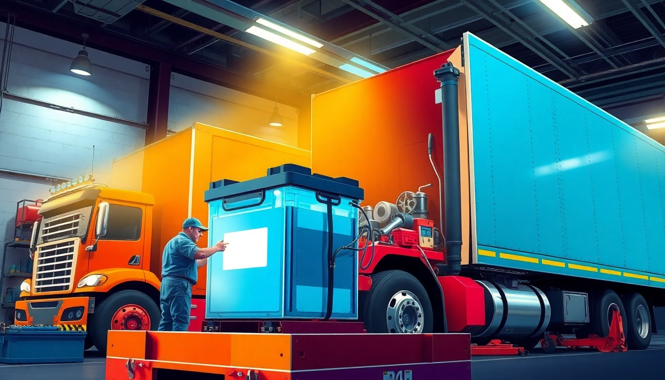 Mechanic performing battery replacement for heavy trucks on the road, showcasing a high-tech lithium-ion battery.