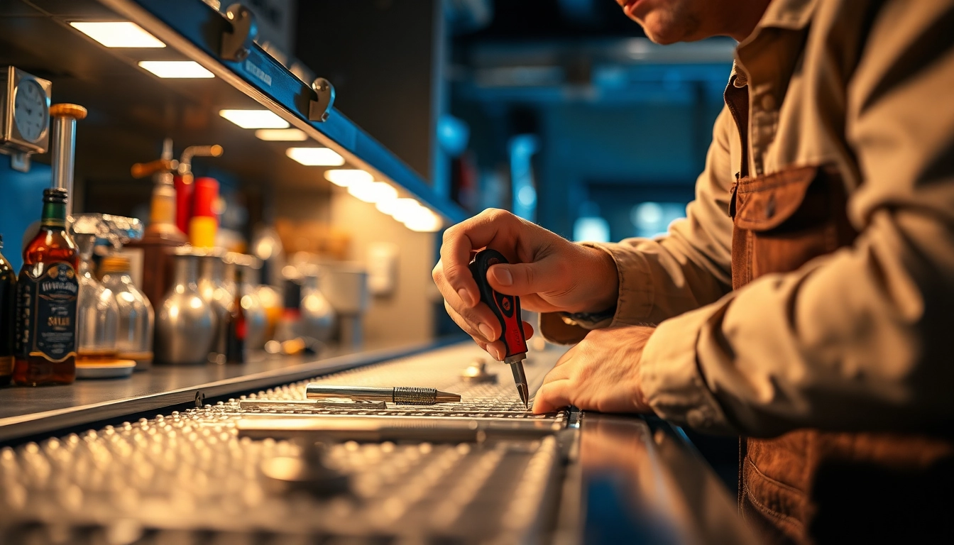 Technician performing back bar repair on a bar cooler with professional tools.