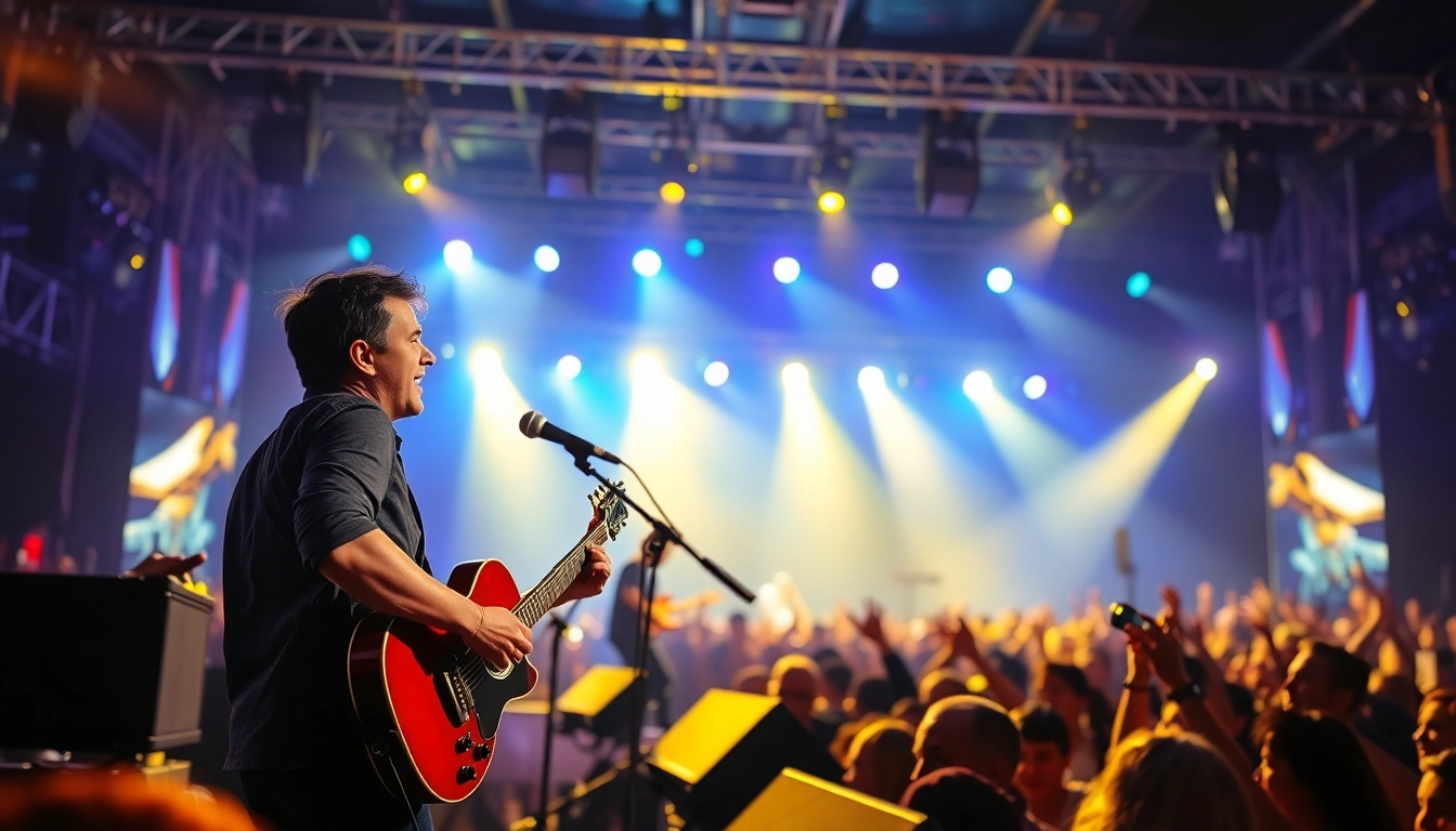 Touring musician captivating a live audience with dynamic stage presence during a concert.