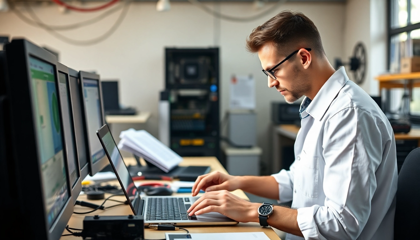 Riparazione computer torino con tecnico esperto al lavoro su un laptop in laboratorio attrezzato.