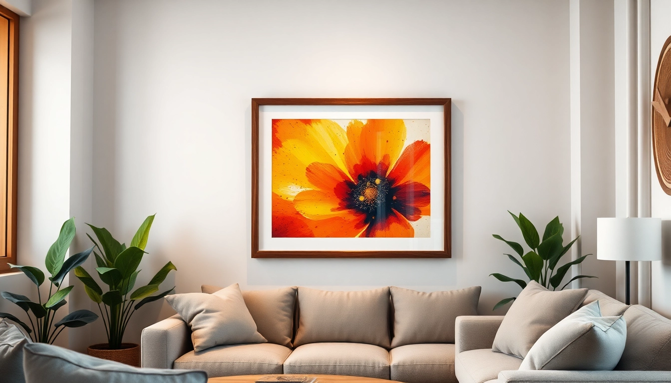 Displaying a stylish 20x30 frame with vibrant art in a modern living room.