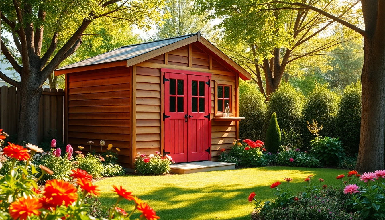 Custom storage sheds showcased in a beautiful garden, highlighting design and charm.