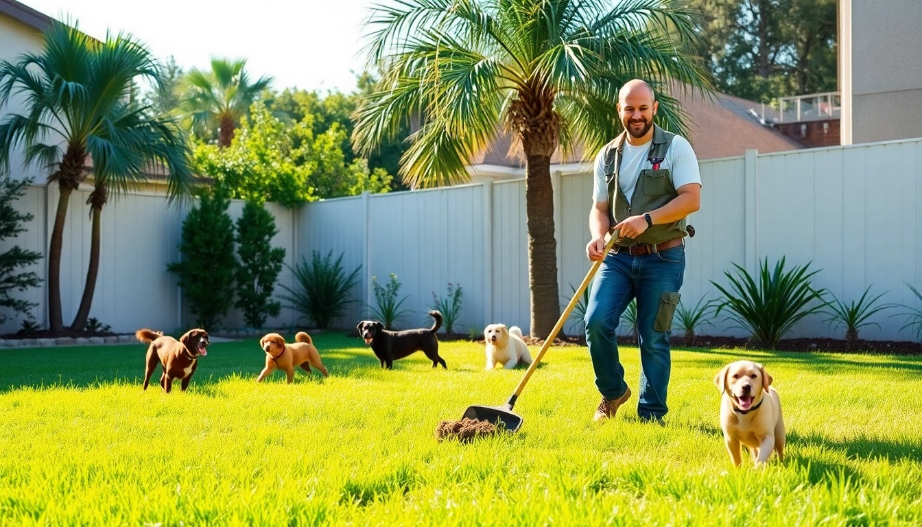 A friendly professional offering affordable pooper scooper service San Antonio, cleaning a sunny backyard space.