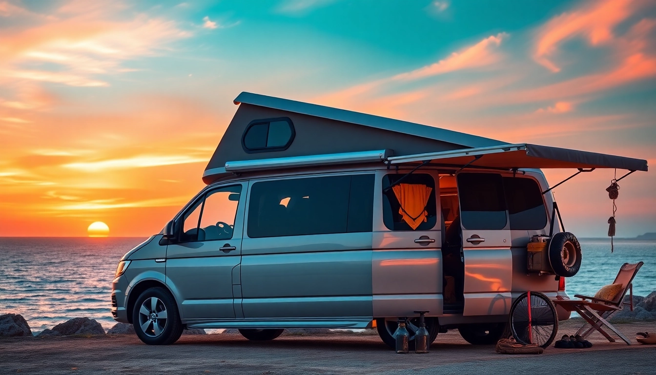 Parked perfect campervan on a scenic coastline during sunset, showcasing adventure and tranquility.