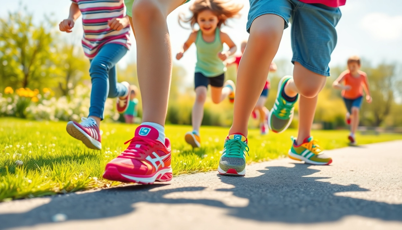 Laufschuhe für Kinder in action, Kinder vergnügt im Park beim Laufen.