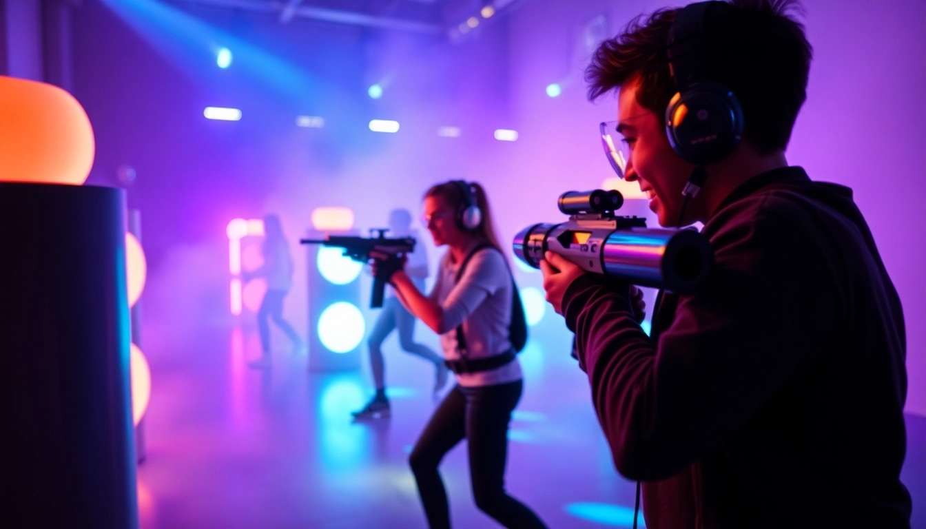 Players engage in an exciting laser tag battle in a vibrant, illuminated arena.