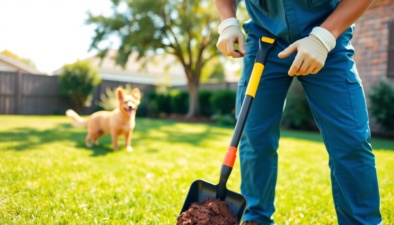 Dog poop cleaning service technician expertly cleaning a yard while ensuring pet safety.