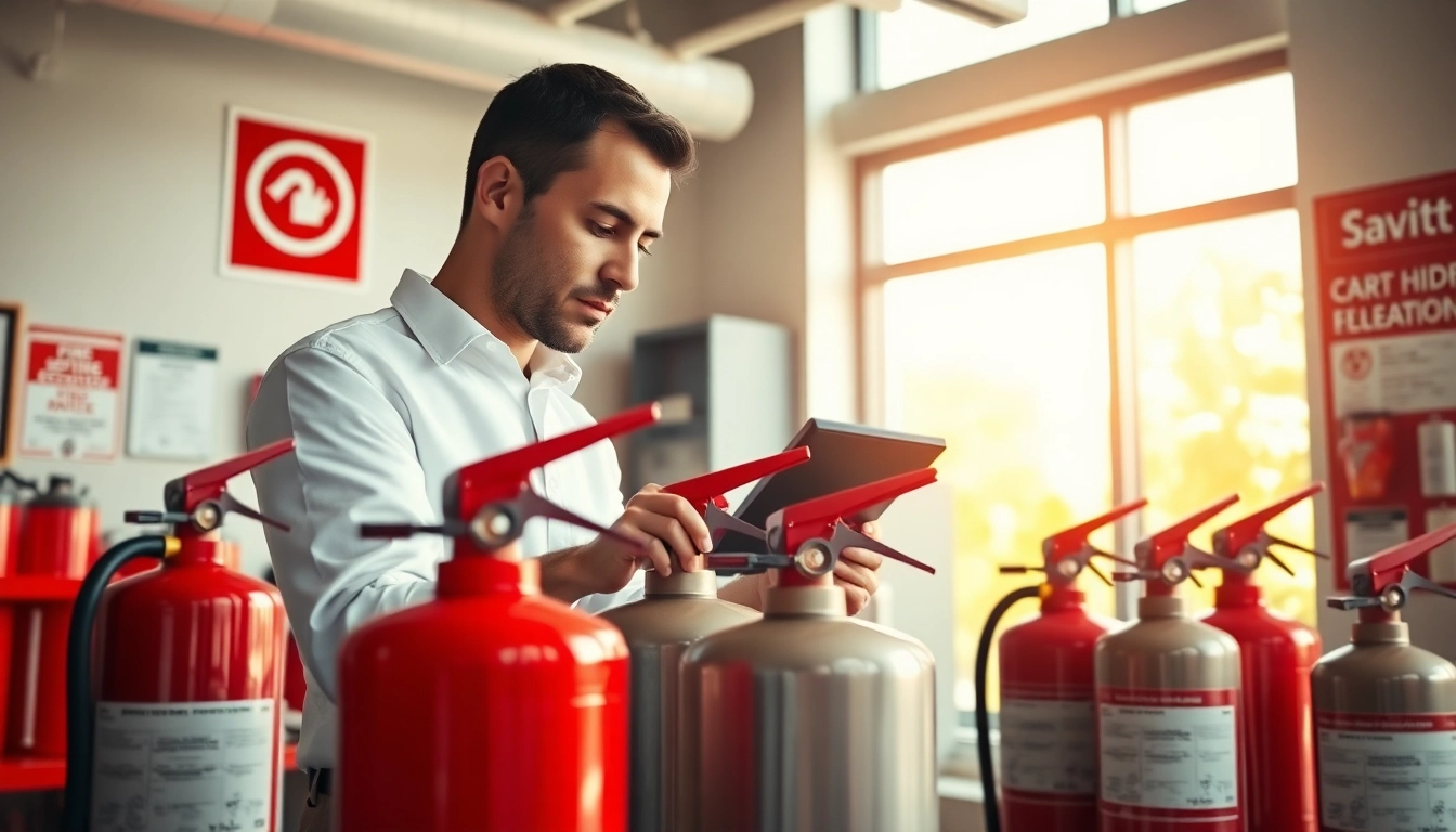 Fire extinguisher servicing Cannock: technician inspecting fire safety equipment in a modern office