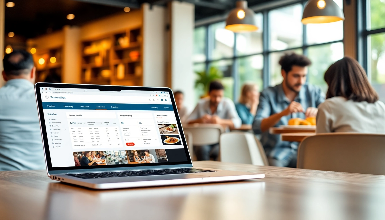 Streamlined Reservation Services dashboard displayed on a laptop in a vibrant cafe setting.