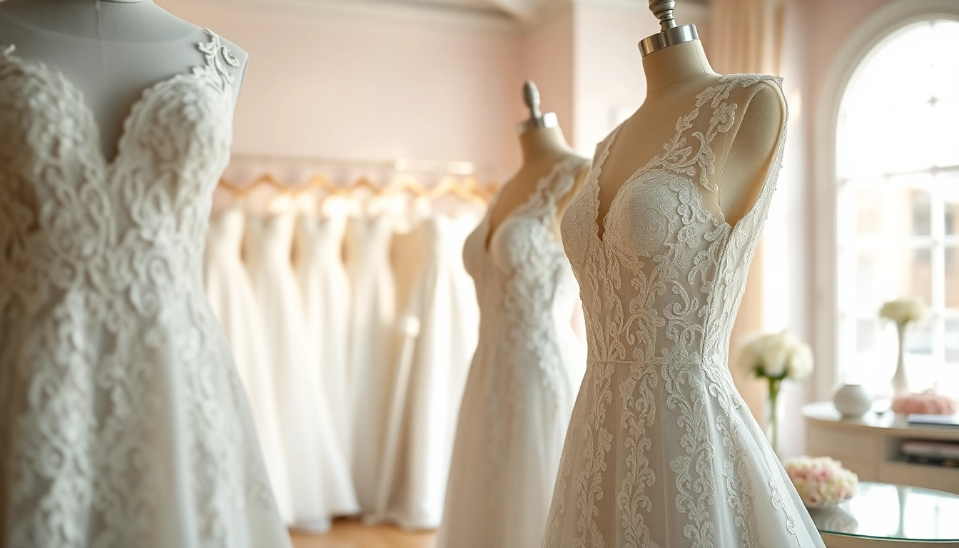 Explore exquisite lace wedding dresses with intricate details in a charming bridal boutique.