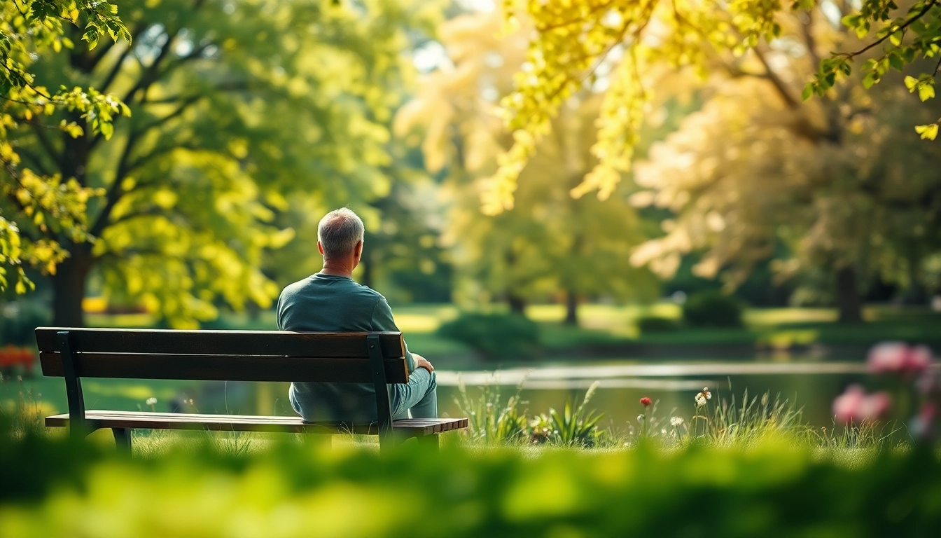 Person reflecting on dealing with grief in a peaceful park setting.
