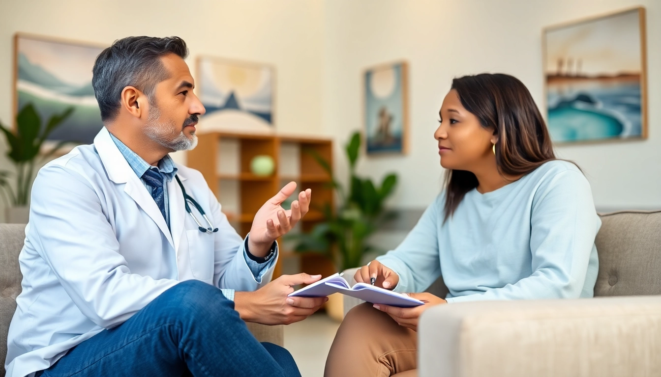 Bipolar disorder treatment in Dubai, showing a caring psychiatrist consulting a patient in a calm setting.