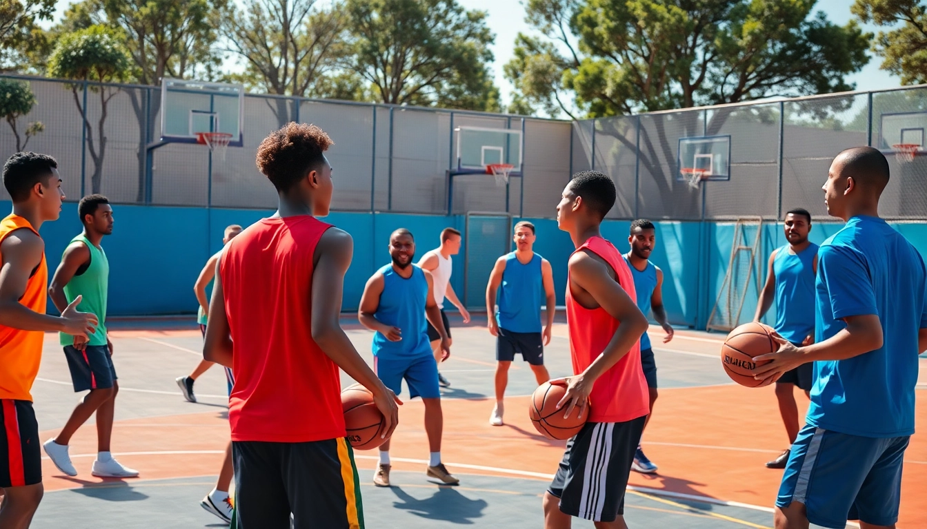 Engaged athletes participating in the best basketball training programs under bright sunlight on an outdoor court.