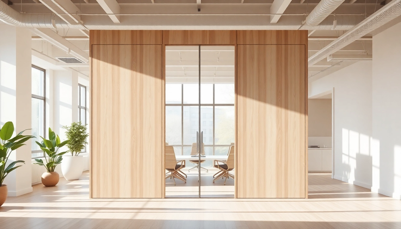 Showcase a folding partition wall dividing a modern office to enhance space and functionality.