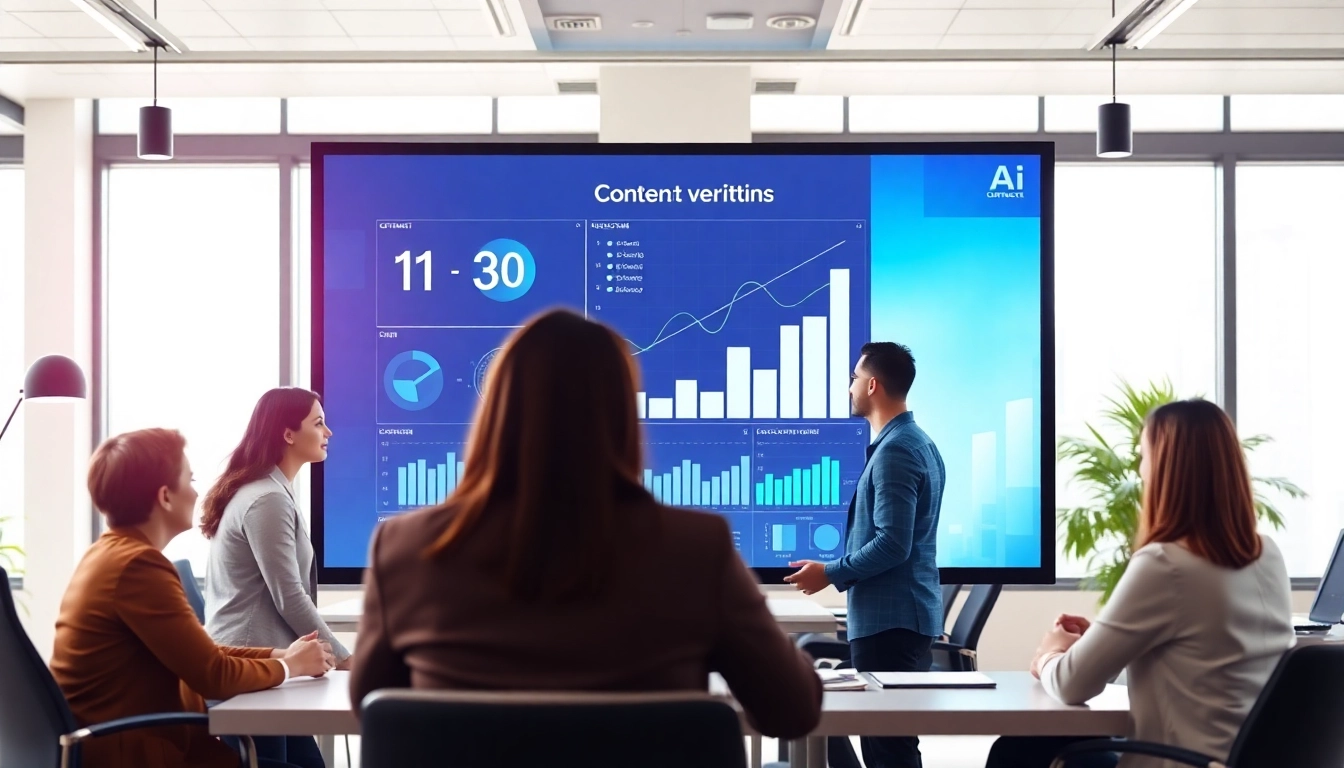 Professionals analyzing AI detection metrics as an ai checker in a bright office environment.