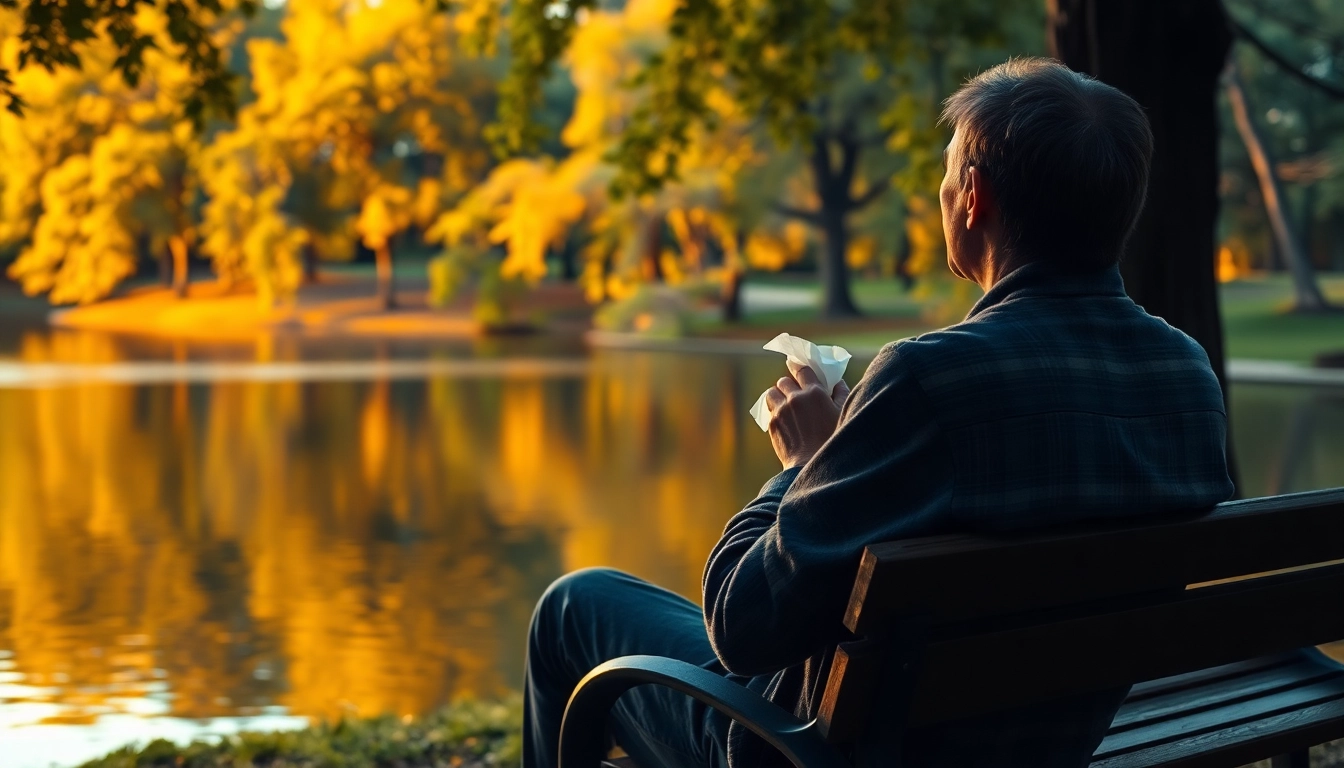 A person dealing with grief on a park bench, surrounded by a serene lake and sunset colors.