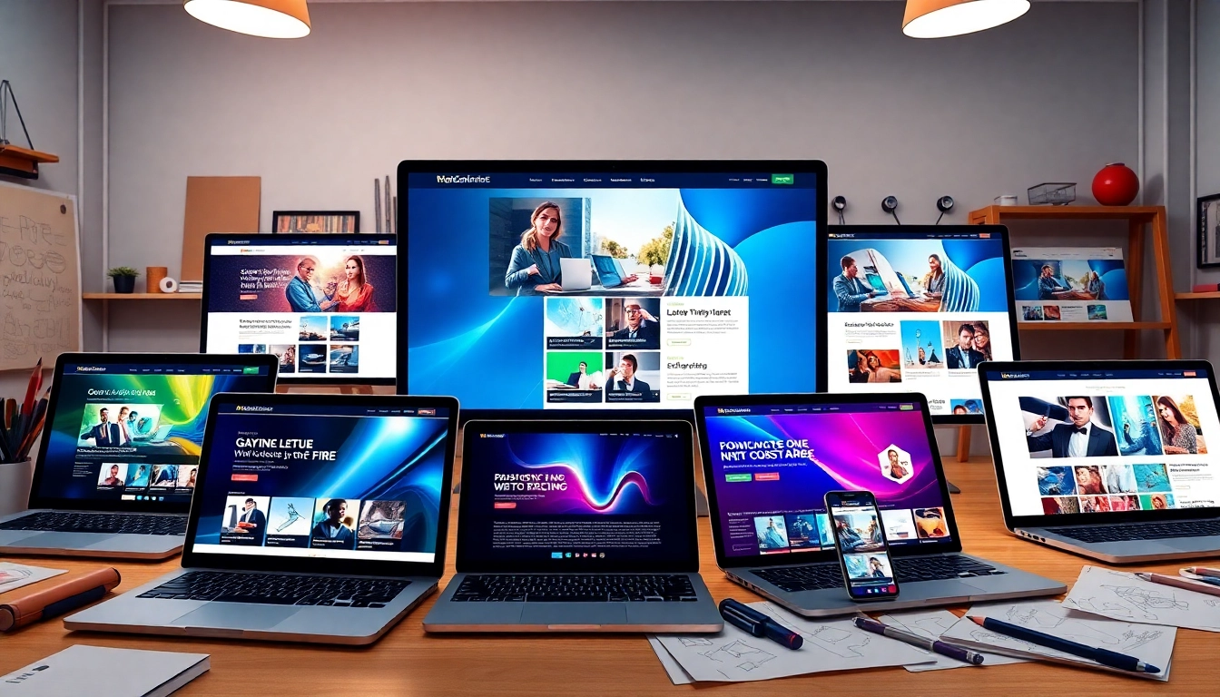 Showcasing diverse website design layouts on various devices in a vibrant and creative workspace.