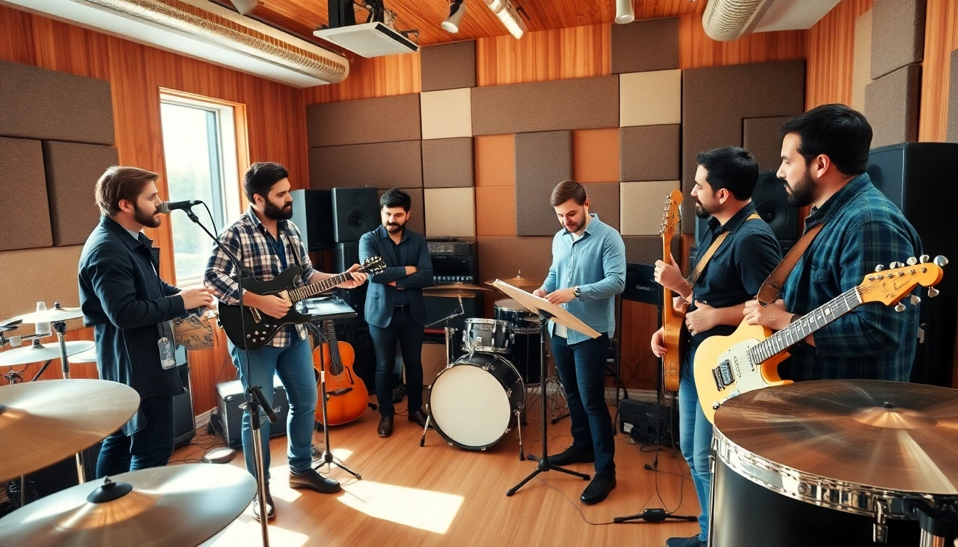 Showcasing musicians engaged in creative collaboration for music promotion services.