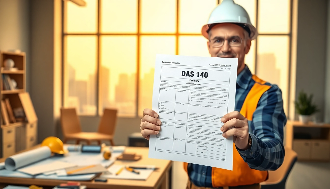 Contractor submitting DAS 140 form in an office, highlighting essential documentation.