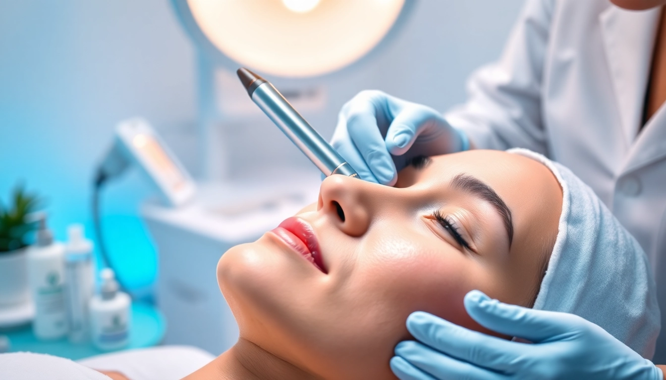 Illustration of RF microneedling treatment showing a practitioner with a device performing the procedure.