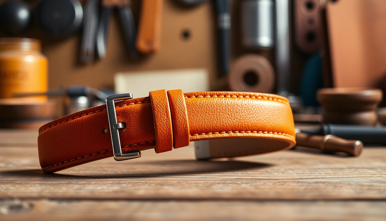 Stylish orange watch strap featuring intricate craftsmanship on a wooden surface