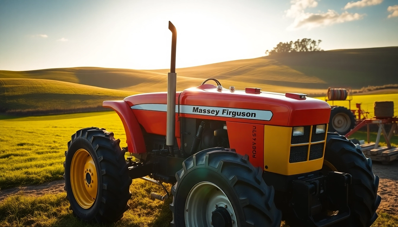 Massey Ferguson Traktor in einem ländlichen Setting mit einem faszinierenden Design und lebendigen Farben.