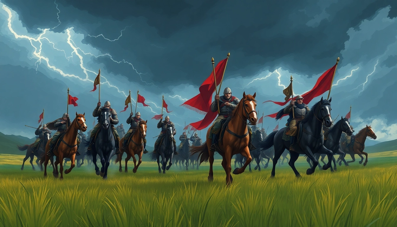 Warlords charging into battle on horseback in an epic fantasy scene