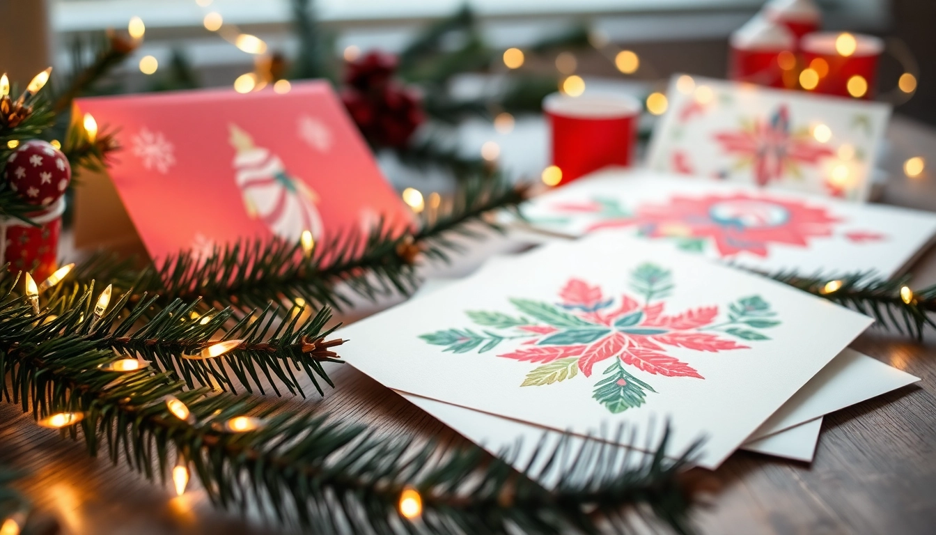 Design custom next day Christmas cards on a cozy festive table surrounded by decorations.