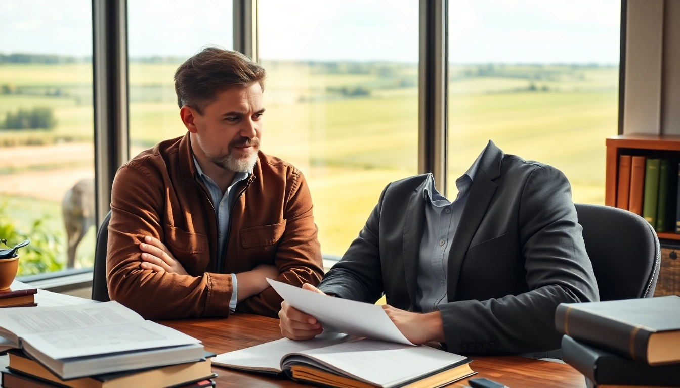 Agriculture lawyer advising a farmer on legal matters in a bright office.