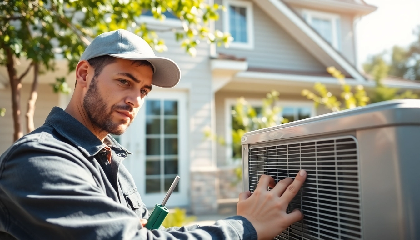 AC repair mesa az technician working on an air conditioning unit in a sunny backyard setting.