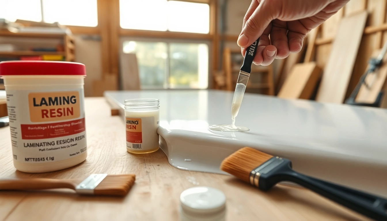 Using laminating resin for a smooth application on fiberglass in a bright workshop setting.