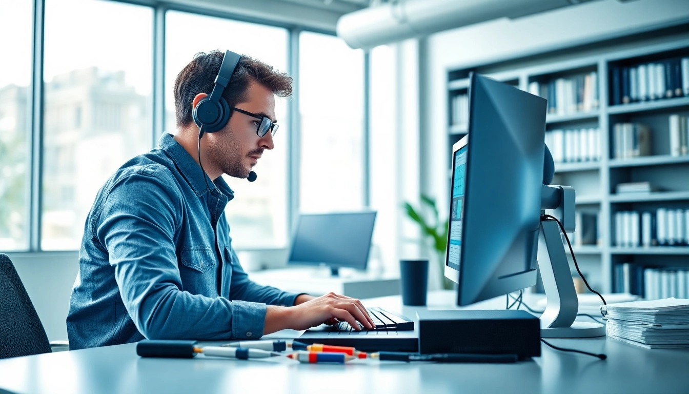 Technician delivering computer support, showcasing expertise in a modern office environment.