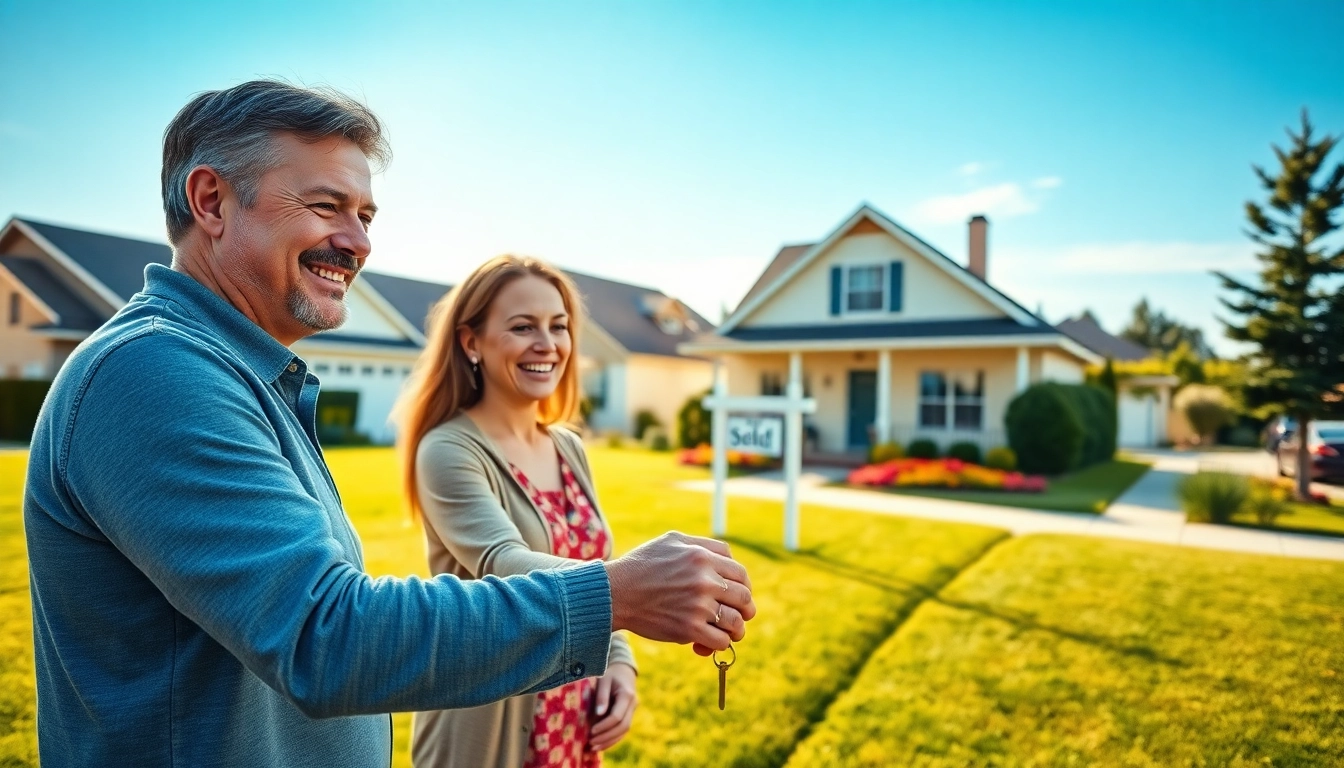 Selling my house urgently with happy families exchanging keys in a sunny neighborhood.