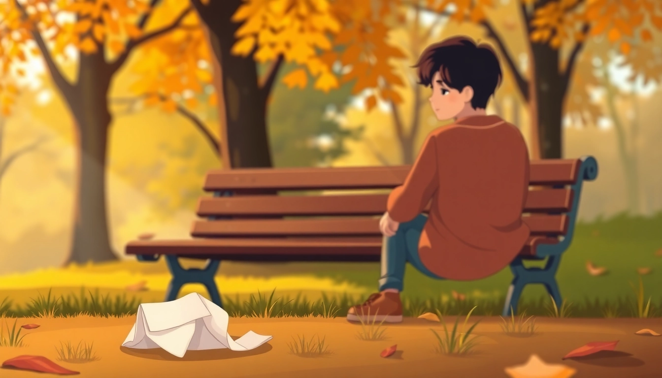 Reflective person on a bench contemplating relationship breakup with a heart-shaped note.