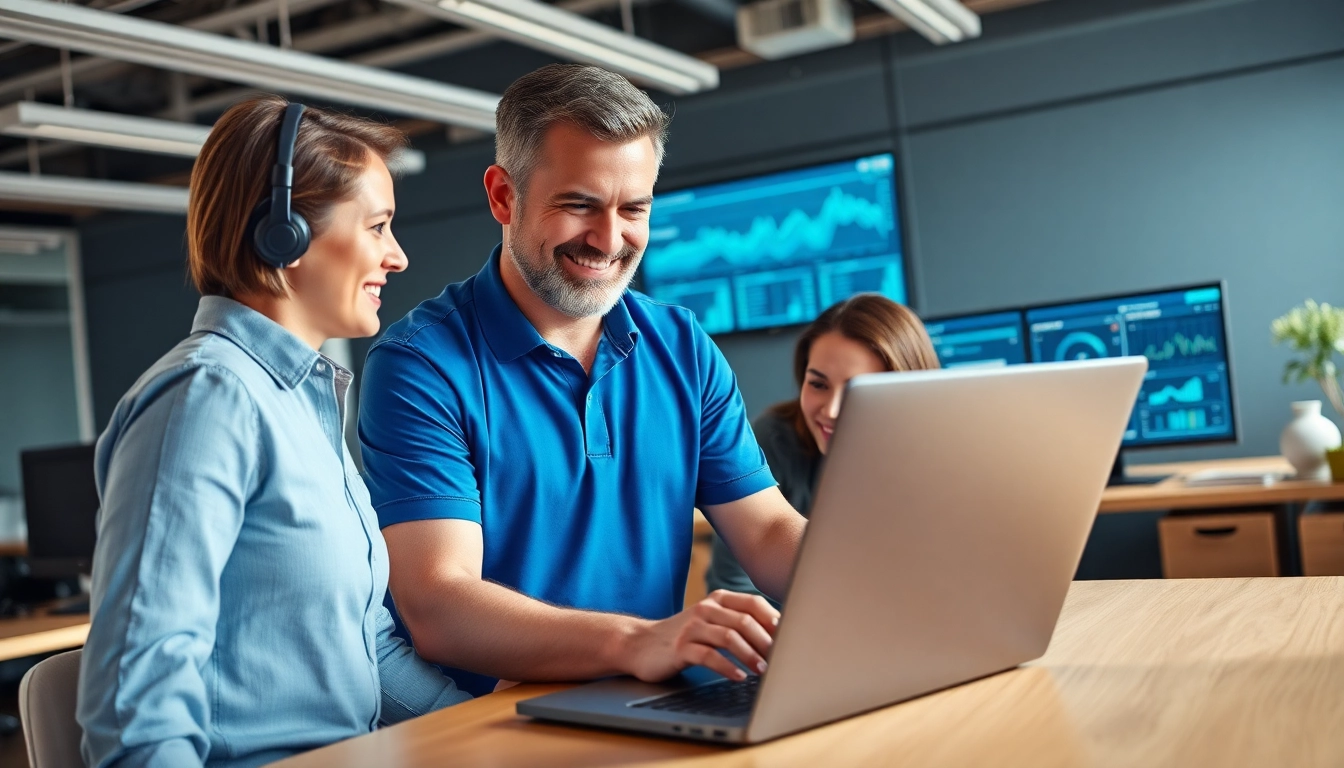 IT support service technician assisting a user in a modern office environment.
