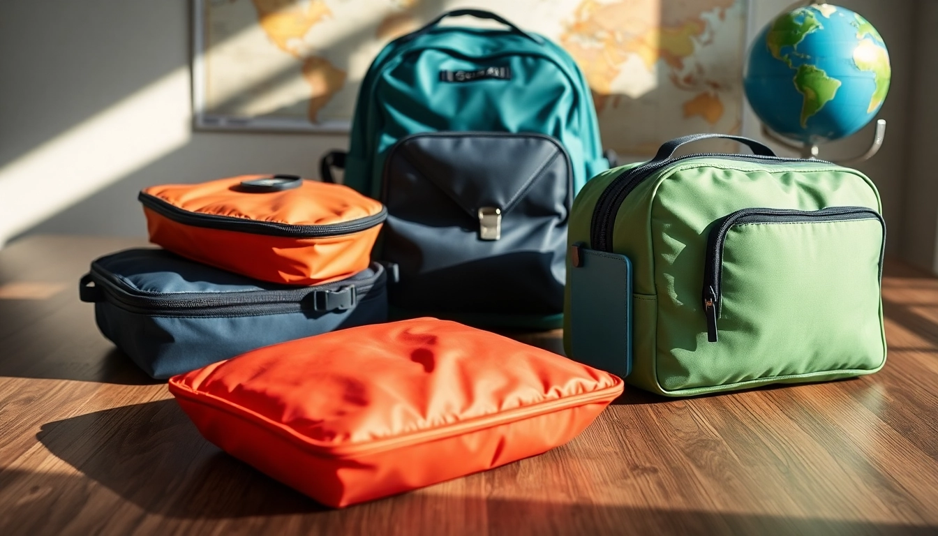 Showcasing travel gears including organized packing cubes and travel backpacks on a wooden surface.