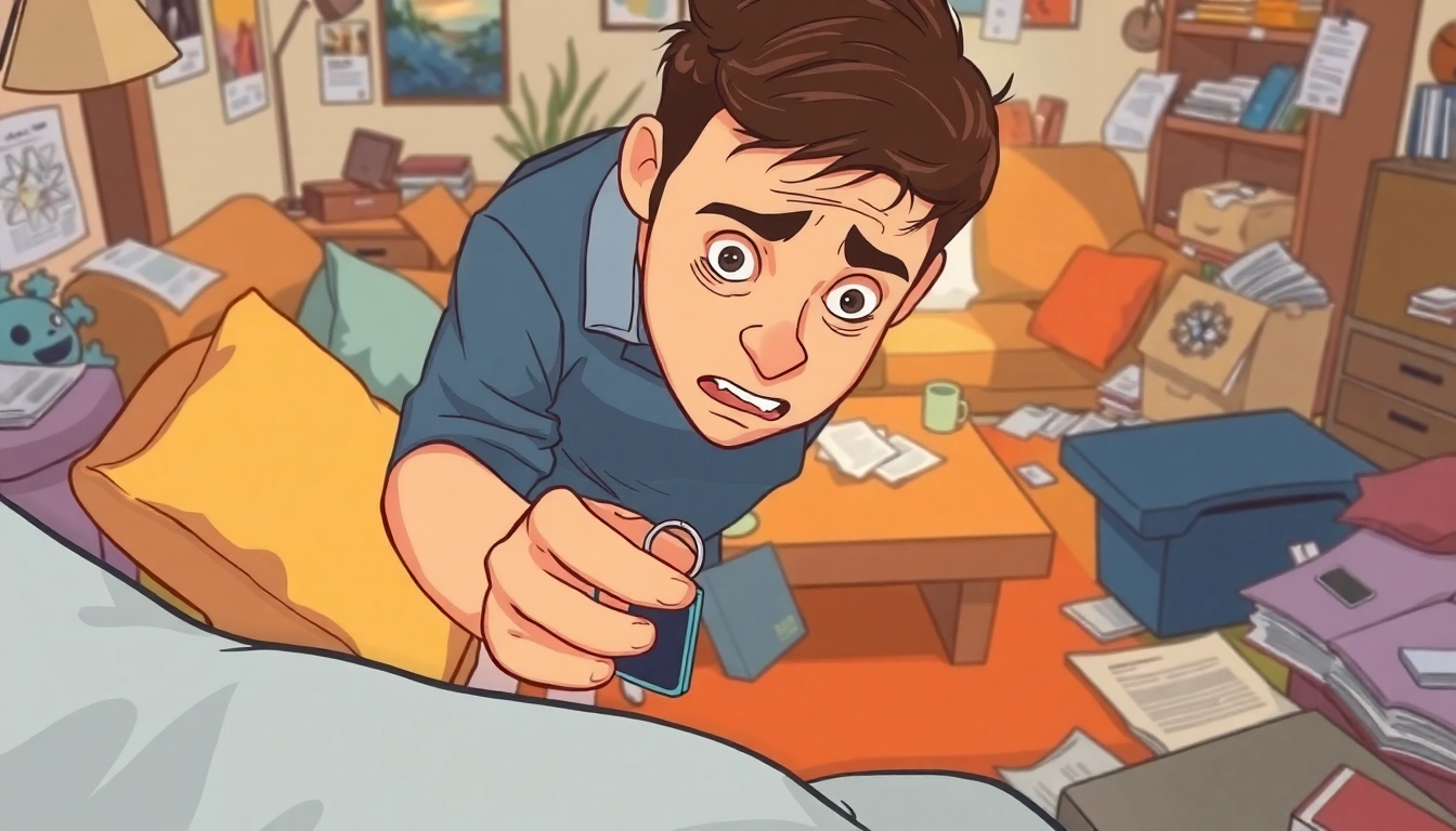 Searching for Lost Car Keys in a cluttered room with scattered items and warm lighting.