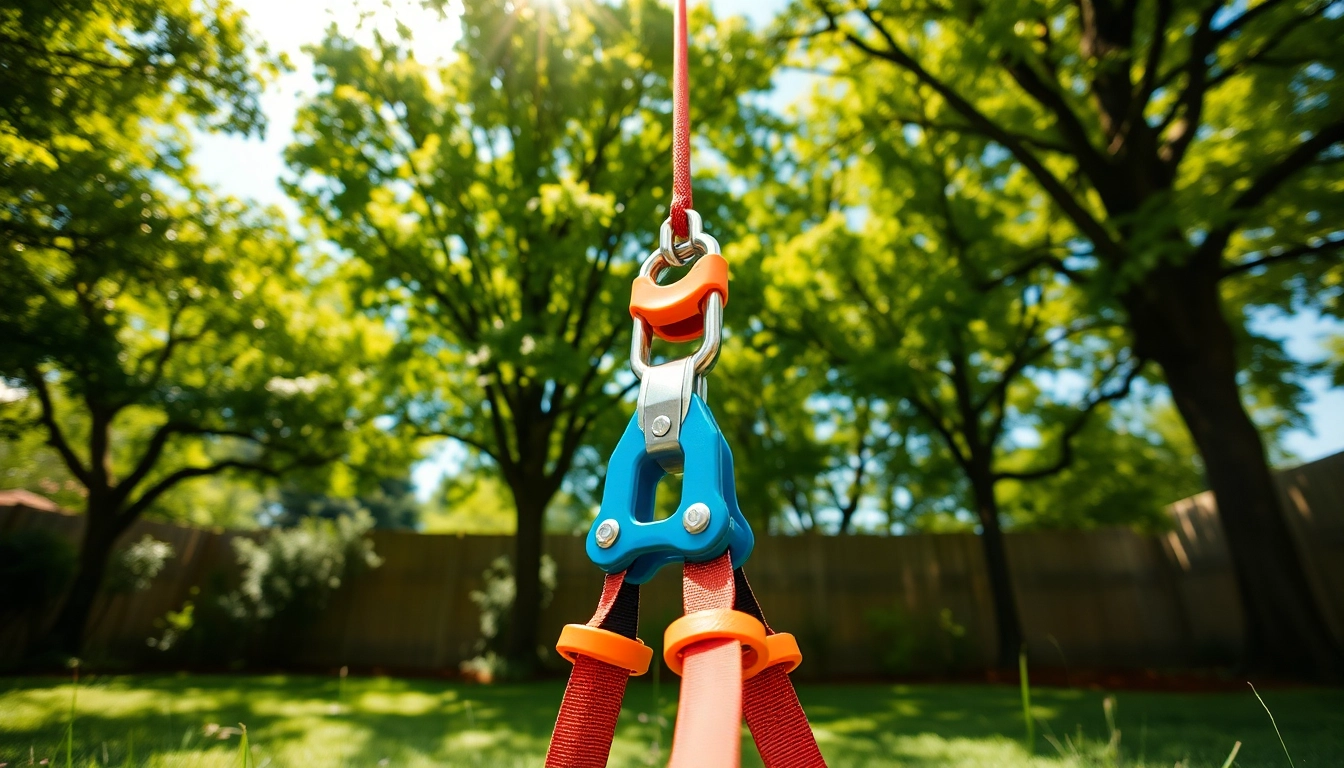 Engaging ZIP WIRE KIT setup showcasing safety features and vibrant components in a sunny backyard.