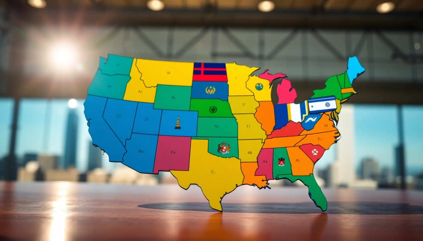 Illustration of the United States map showing states with their unique symbols, highlighting governance.