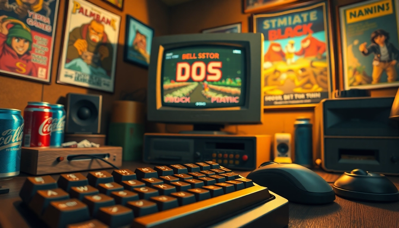 Engage with classic DOS games through a nostalgic gaming setup featuring retro equipment.