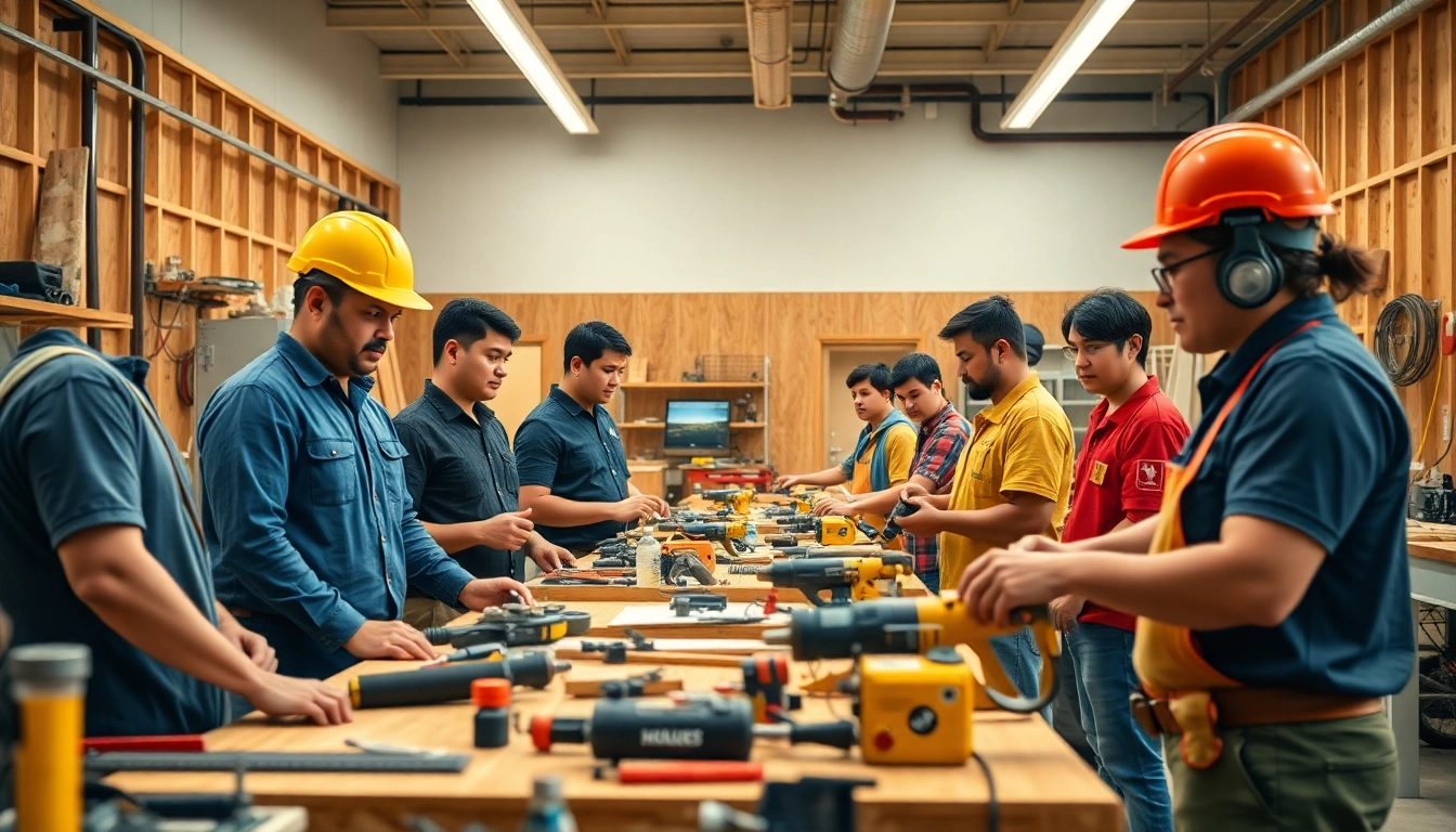 Students learning hands-on skills at trade schools oahu in a vibrant workshop environment.